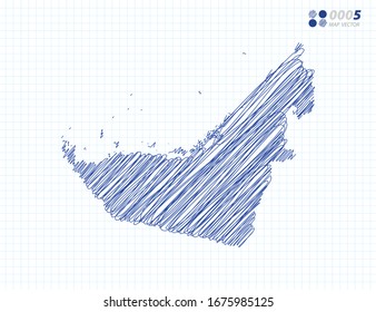 Blaue Vektorillustration Silhouette chaotische handgezeichnete Skizze der Vereinigten Arabischen Emirate Karte auf Gitterhintergrund.