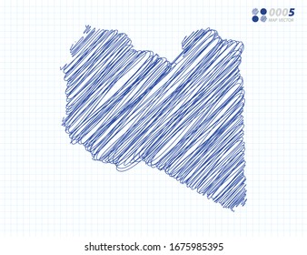 Blue vector silhouette chaotic hand drawn scribble sketch of Libya map on grid background.
