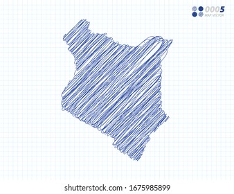 Silueta vectorial azul chaótico dibujo a mano garabatos del mapa de Kenia sobre el fondo de la cuadrícula.