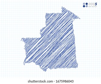 Blue vector silhouette chaotic hand drawn scribble sketch of Mauritania map on grid background.