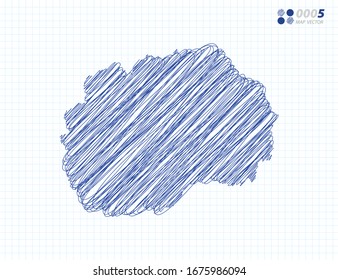 Silueta azul vectorial caótico dibujo a mano garabatos del mapa de Macedonia sobre el fondo de la cuadrícula.