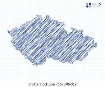 Silueta vectorial azul chaótica dibujo a mano dibujado en el dibujo de la República Checa mapa sobre el fondo de la cuadrícula.