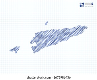 Blue vector silhouette chaotic hand drawn scribble sketch of East Timor map on grid background.