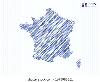 Blue vector silhouette chaotic hand drawn scribble sketch of France map on grid background.