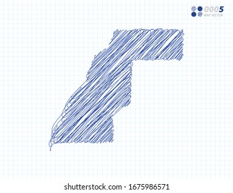 Blue vector silhouette chaotic hand drawn scribble sketch of Western Sahara map on grid background.