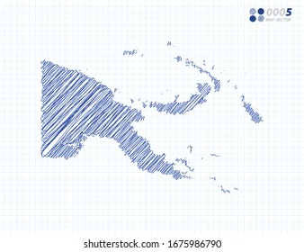 Blue vector silhouette chaotic hand drawn scribble sketch of Papua New Guinea map on grid background.