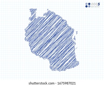 Blue vector silhouette chaotic hand drawn scribble sketch of Tanzania map on grid background.