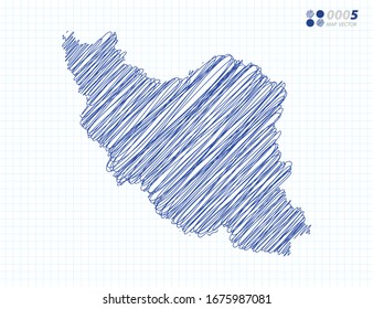 Blue vector silhouette chaotic hand drawn scribble sketch of Iran map on grid background.