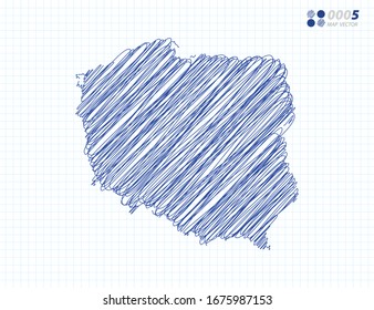 Silueta vectorial azul chaótico dibujo a mano dibujando el dibujo de Polonia mapa sobre el fondo de la cuadrícula.