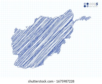 Silueta azul vectorial chaótico dibujo a mano garabatos del mapa de Afganistán sobre el fondo de la cuadrícula.