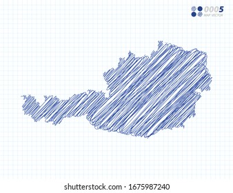 Blue vector silhouette chaotic hand drawn scribble sketch of Austria map on grid background.