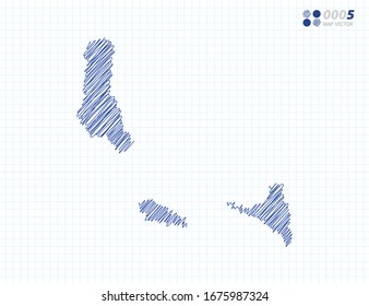 Blue vector silhouette chaotic hand drawn scribble sketch of Comoros map on grid background.