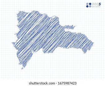 Blue vector silhouette chaotic hand drawn scribble sketch of Dominican Republic map on grid background.