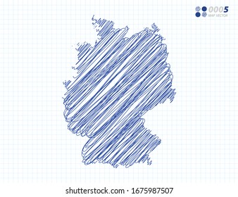 Blue vector silhouette chaotic hand drawn scribble sketch of Germany map on grid background.