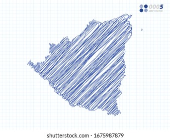 Blaue Vektorillustration Silhouette chaotische handgezeichnete Skizze von Nicaragua Karte auf Gitterhintergrund.