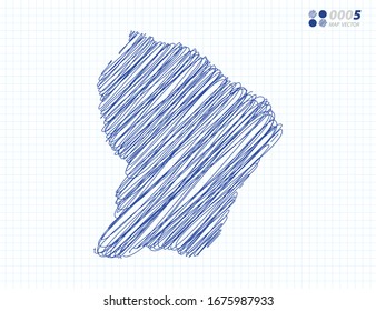 Blue vector silhouette chaotic hand drawn scribble sketch of French Guiana map on grid background.