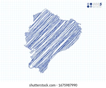 Blue vector silhouette chaotic hand drawn scribble sketch of Ecuador map on grid background.