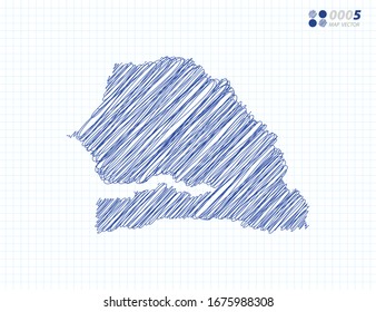 Blue vector silhouette chaotic hand drawn scribble sketch of Senegal map on grid background.