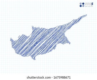 Blaue Vektorillustration Silhouette chaotische handgezeichnete Skizze von Zypern Karte auf Gitterhintergrund.