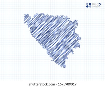 Blue vector silhouette chaotic hand drawn scribble sketch of Bosnia and Herzegovina map on grid background.