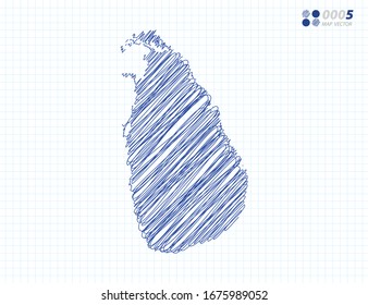 Silueta azul vectorial caótico dibujo a mano garabatos del mapa de Sri Lanka sobre el fondo de la cuadrícula.