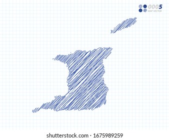 Blue vector silhouette chaotic hand drawn scribble sketch of Trinidad and Tobago map on grid background.