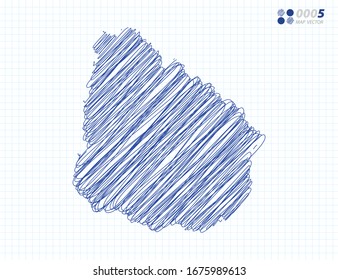 Silueta azul vectorial chaótico garabato dibujado a mano del mapa de Uruguay sobre el fondo de la cuadrícula.