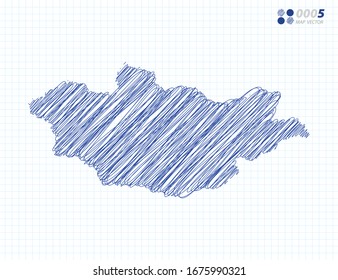 Silueta vectorial azul chaótica dibujo a mano dibujado en dibujo de garabatos de Mongolia mapa sobre el fondo de la cuadrícula.