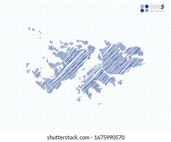 Silueta vectorial azul chaótico dibujo a mano garabatos del mapa de las Islas Malvinas sobre el fondo de la cuadrícula.