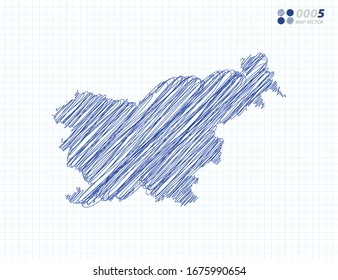 Blue vector silhouette chaotic hand drawn scribble sketch of Slovenia map on grid background.