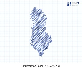 Silueta azul vectorial chaótico dibujo a mano dibujando el dibujo de Albania mapa sobre el fondo de la cuadrícula.