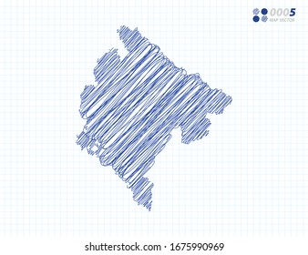 Blue vector silhouette chaotic hand drawn scribble sketch of Montenegro map on grid background.