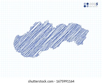 Blue vector silhouette chaotic hand drawn scribble sketch of Slovakia map on grid background.