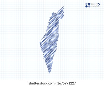 Blue vector silhouette chaotic hand drawn scribble sketch of Israel map on grid background.