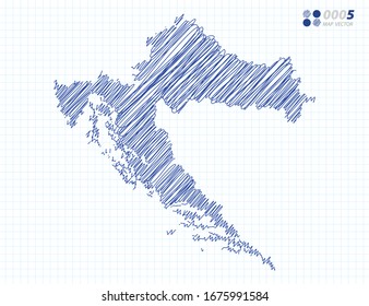 Silueta azul vectorial chaótico dibujo a mano dibujó un dibujo de croata mapa sobre el fondo de la cuadrícula.
