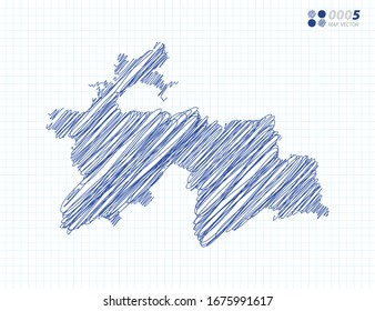 Silueta azul vectorial caótico dibujo a mano garabatos del mapa de Tayikistán de fondo de la cuadrícula.