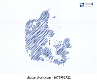 Blue vector silhouette chaotic hand drawn scribble sketch of Denmark map on grid background.