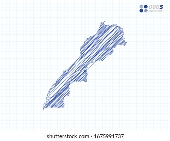 Blue vector silhouette chaotic hand drawn scribble sketch of Sahara map on grid background.