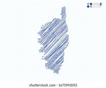 Blue vector silhouette chaotic hand drawn scribble sketch of Corsica map on grid background.