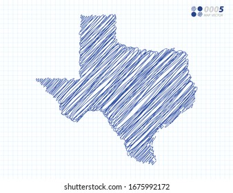 Blue vector silhouette chaotic hand drawn scribble sketch of Texas map on grid background.