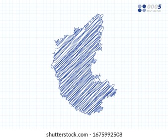 Blue vector silhouette chaotic hand drawn scribble sketch of Karnataka map on grid background.