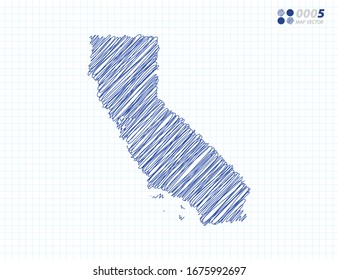 Blue vector silhouette chaotic hand drawn scribble sketch of California map on grid background.