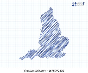 Blue vector silhouette chaotic hand drawn scribble sketch of England map on grid background.