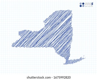 Blue vector silhouette chaotic hand drawn scribble sketch of New York map on grid background.