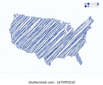 Blue vector silhouette chaotic hand drawn scribble sketch of United States of America (USA) map on grid background.