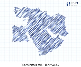 Silueta azul vectorial chaótico dibujo a mano garabatos del mapa de Oriente Medio sobre el fondo de la cuadrícula.
