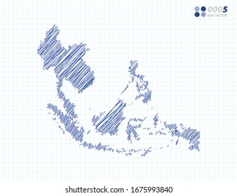 Silueta azul vectorial chaótico dibujo a mano garabatos esbozar el mapa del Sudeste Asiático sobre el fondo de la cuadrícula.