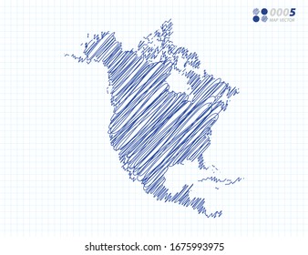 Blaue Vektorillustration Silhouette chaotische handgezeichnete Skizze von Nordamerika Karte auf Gitterhintergrund.