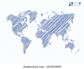 Blue Vector Silhouette Chaotic Hand Drawn Scribble Sketch Of World Map On Grid Background.