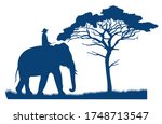 Blue vector silhouette of an elephant rider. African tree in the savannah. Mammal and human. Safari wild savannah. African landscape. Ride an elephant. Flat dark blue illustration